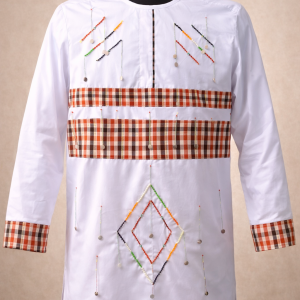 White traditional men's shirt with geometric beadwork and plaid detailing