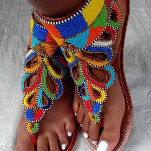 Handcrafted African beaded leather sandals with multicolor beadwork design